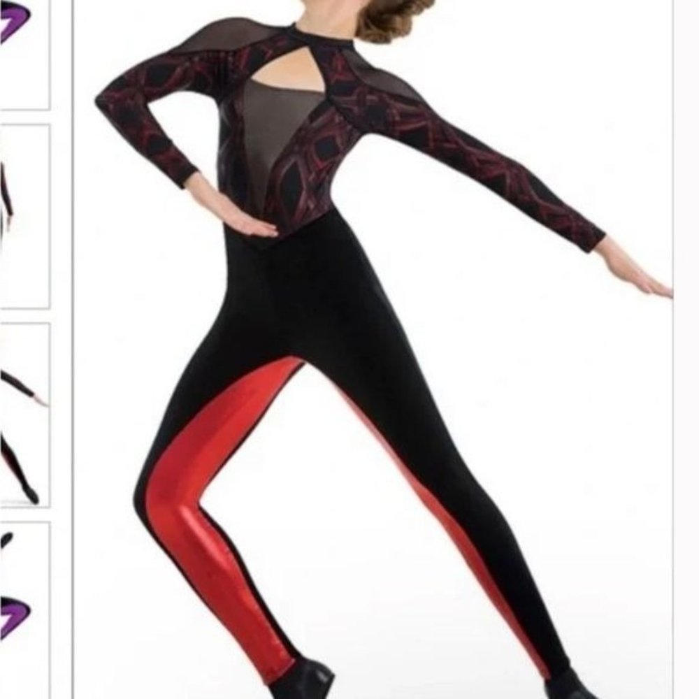 Weissman Mesh Plunge Unitard Dance Costume Velvet Black and Red NEW